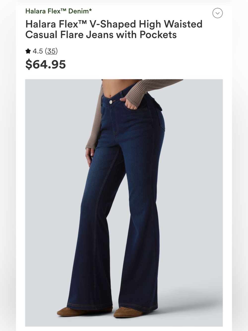 HALARA Dark Blue V-Shaped High Waisted Flare Jeans with Pockets